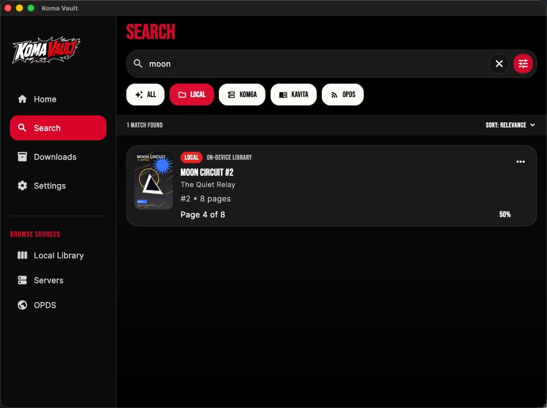 Koma Vault Search filtered to generated local demo comics